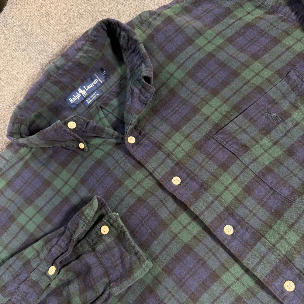 Ralph Lauren Big Shirt XL Mens Blackwatch Plaid Flannel Button Down Cotton #4222